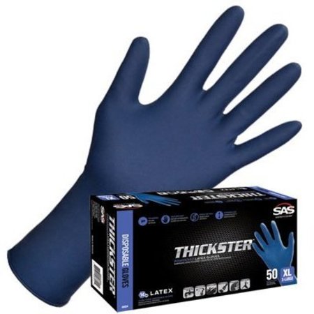 Sas Safety Thickster, Latex Exam Gloves, 14 mil Palm, Latex, Powder-Free, L, Blue SA6603-20